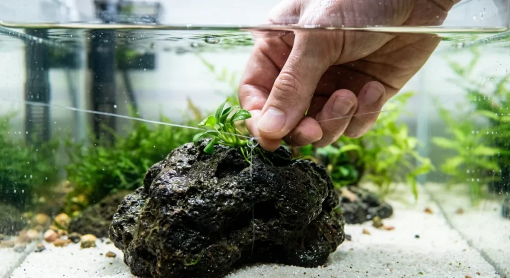 Plantas que nao precisam de substrato. mão fixando uma planta aquática em uma rocha com linha de pesca