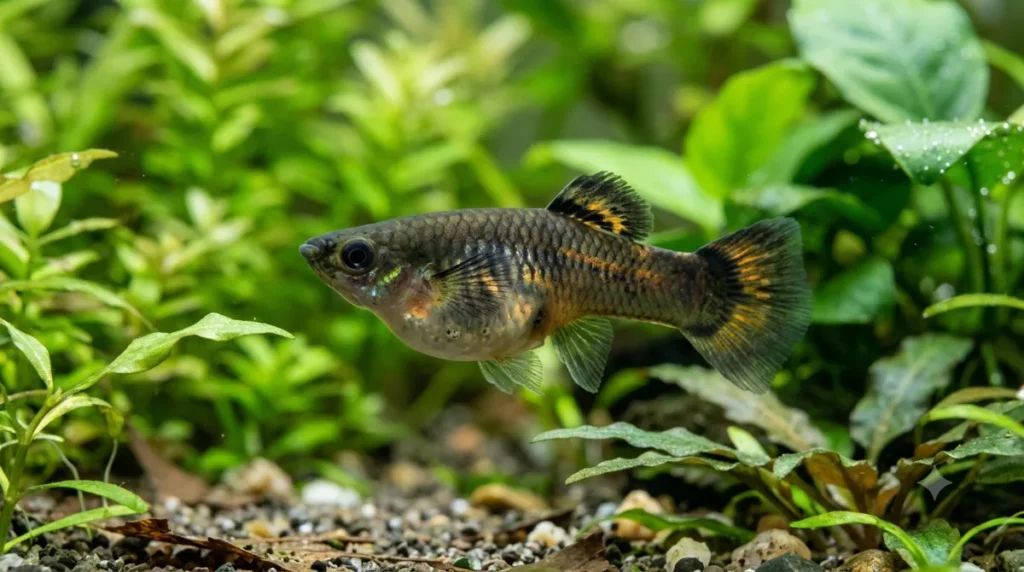 guppy fêmea grávida com a barriga arredondada em aquário plantado