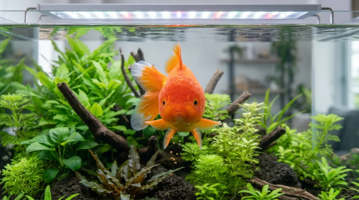 kinguio adulto visto de frente em aquário plantado