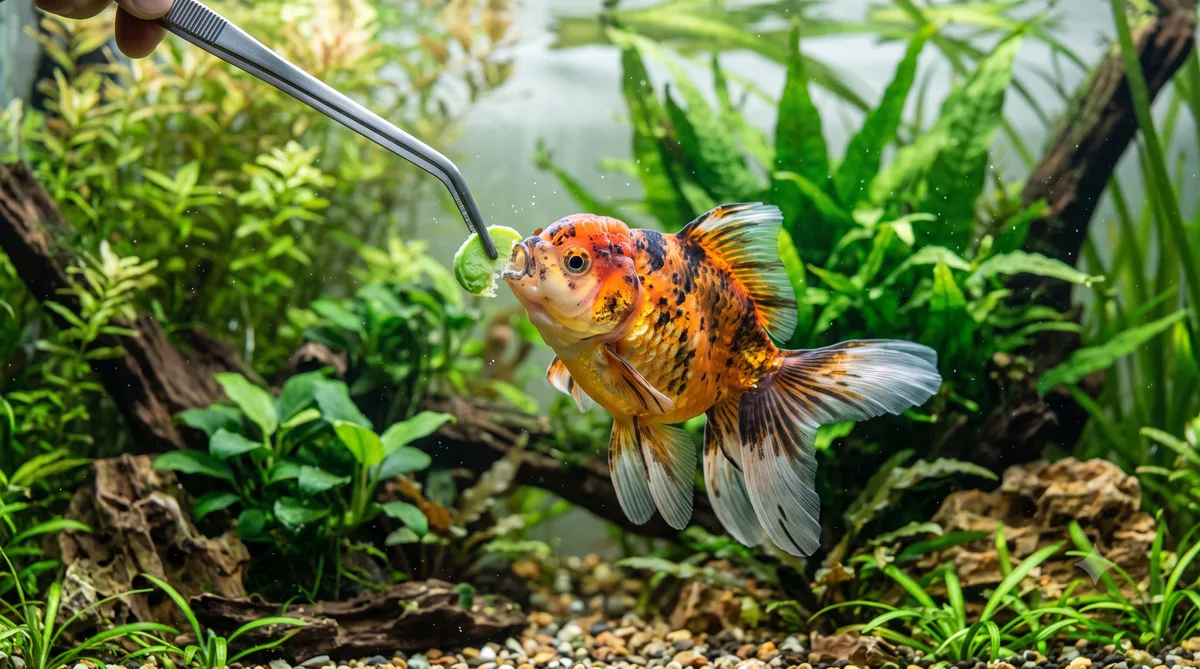 kinguio comendo ervilha cozida sem casca oferecida com pinça