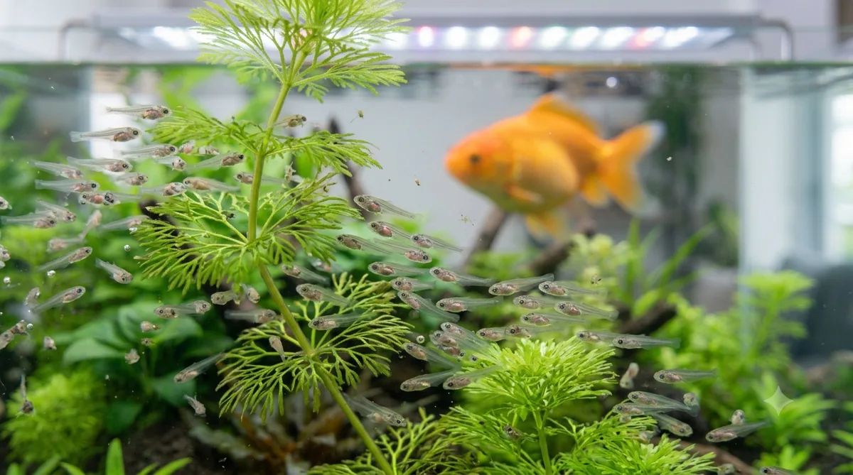 filhotes de kinguio nadando entre as plantas do aquário