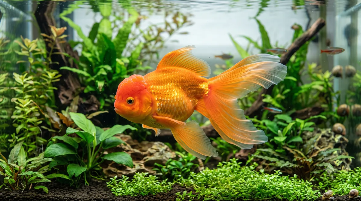kinguio oranda laranja em aquário plantado
