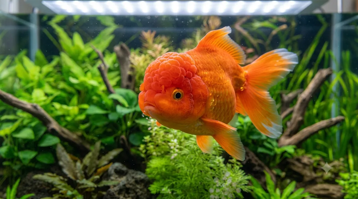 kinguio oranda com o capuz desenvolvido na cabeça