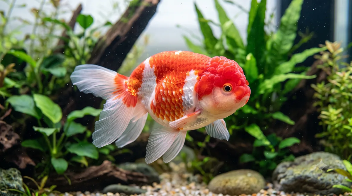 kinguio ranchu vermelho e branco sem nadadeira dorsal