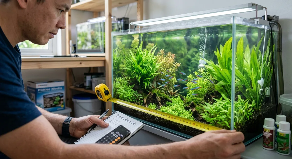 pessoa medindo o volume de um aquário para calcular quantos peixes cabem