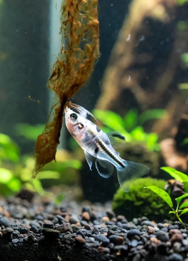 otocinclus raspando alga do vidro do aquário