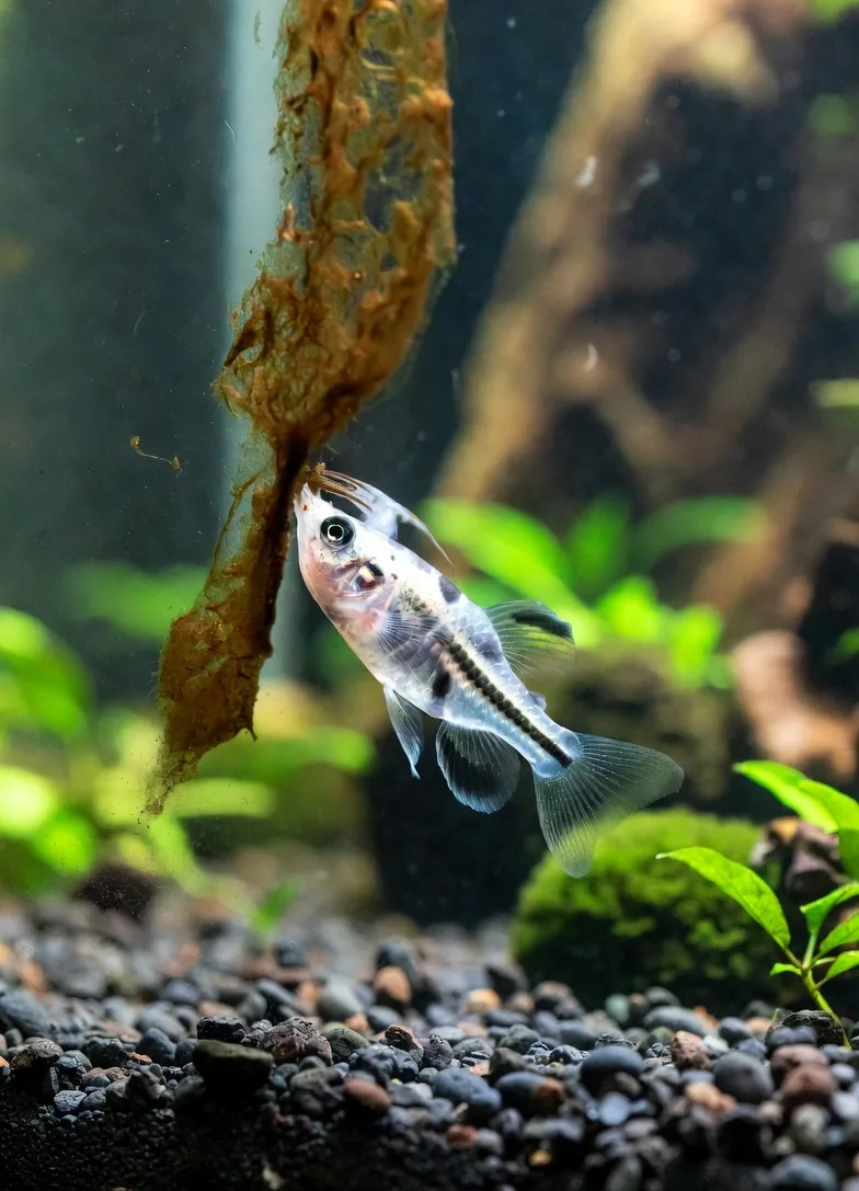 otocinclus raspando alga do vidro do aquário