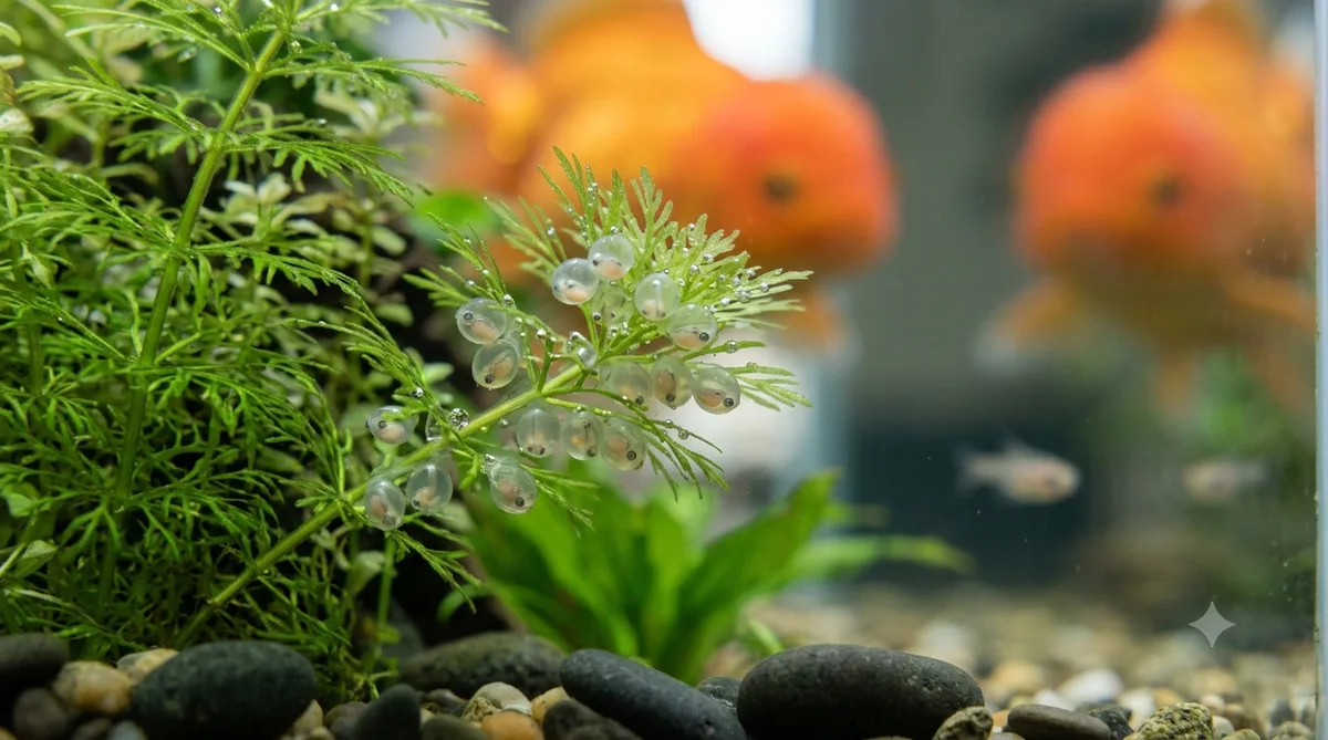 ovos de kinguio presos às plantas do aquário