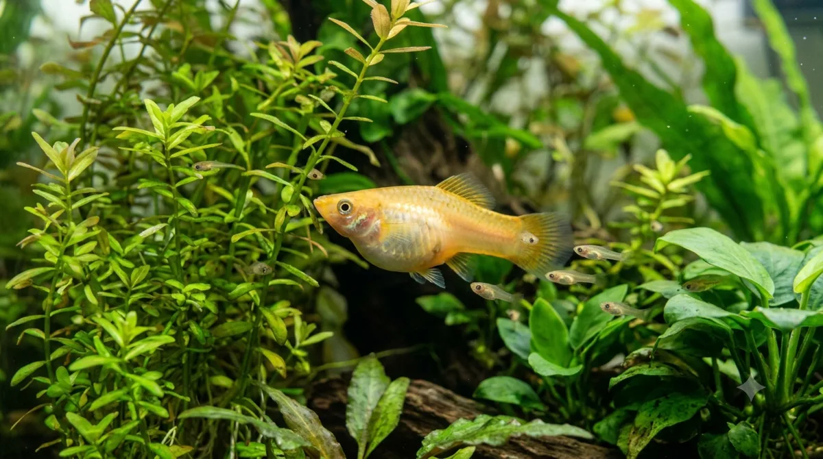 fêmea de peixe espada grávida entre plantas com filhotes escondidos
