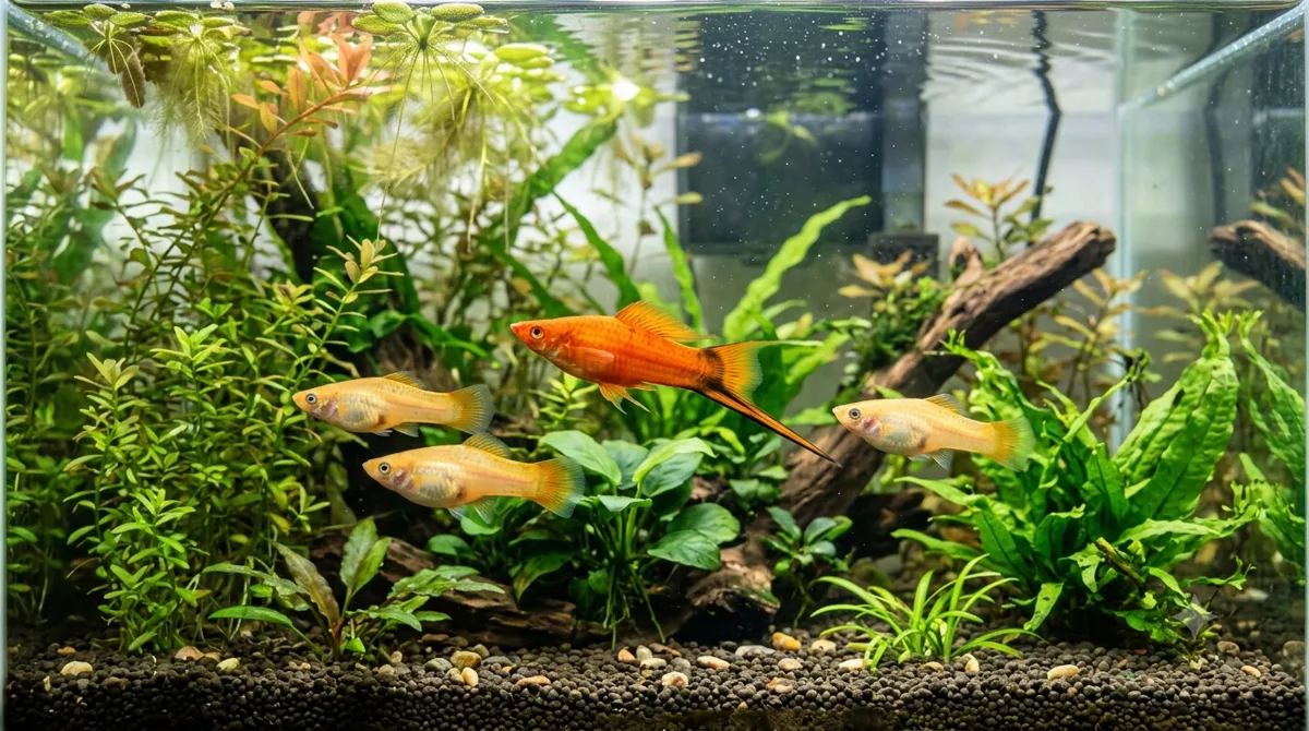 peixe espada macho com a cauda em espada ao lado de fêmeas em aquário plantado