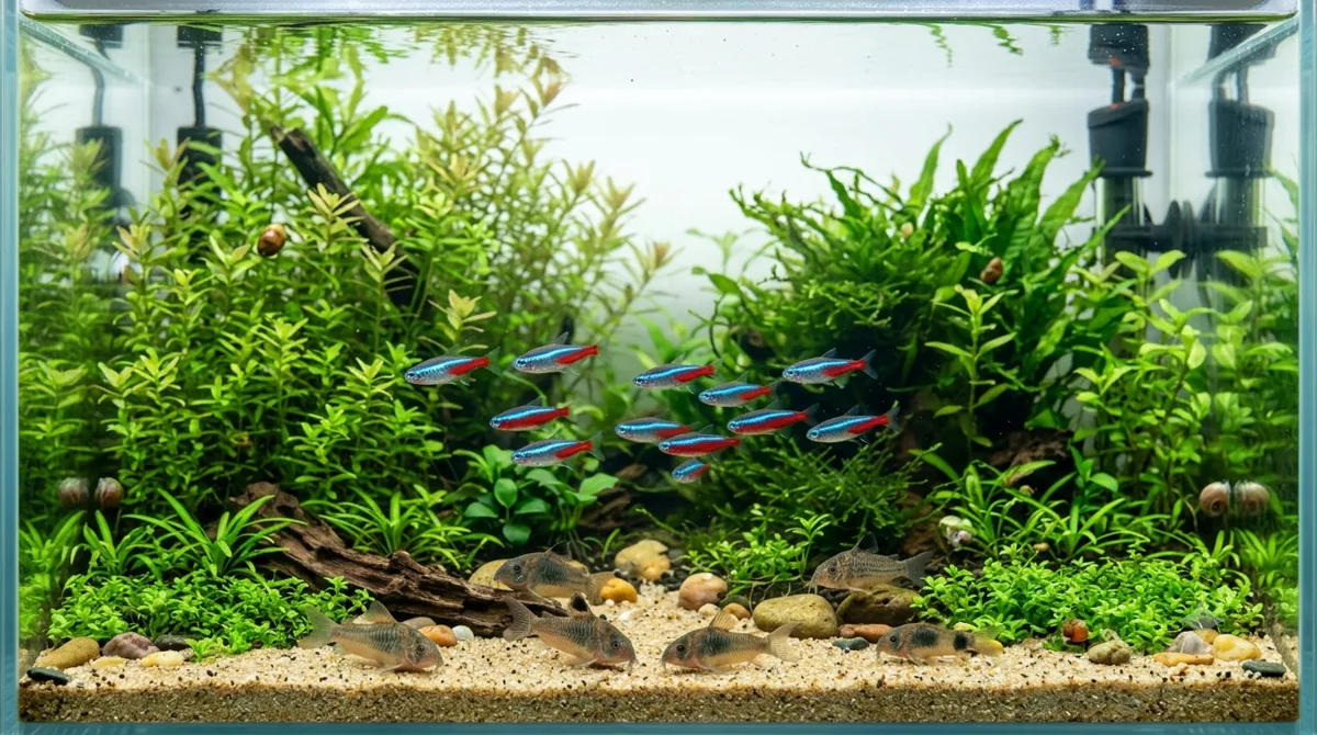 Peixes Compatíveis com Tetra Neon. aquário comunitário com cardume de tetra neon e coridoras no fundo