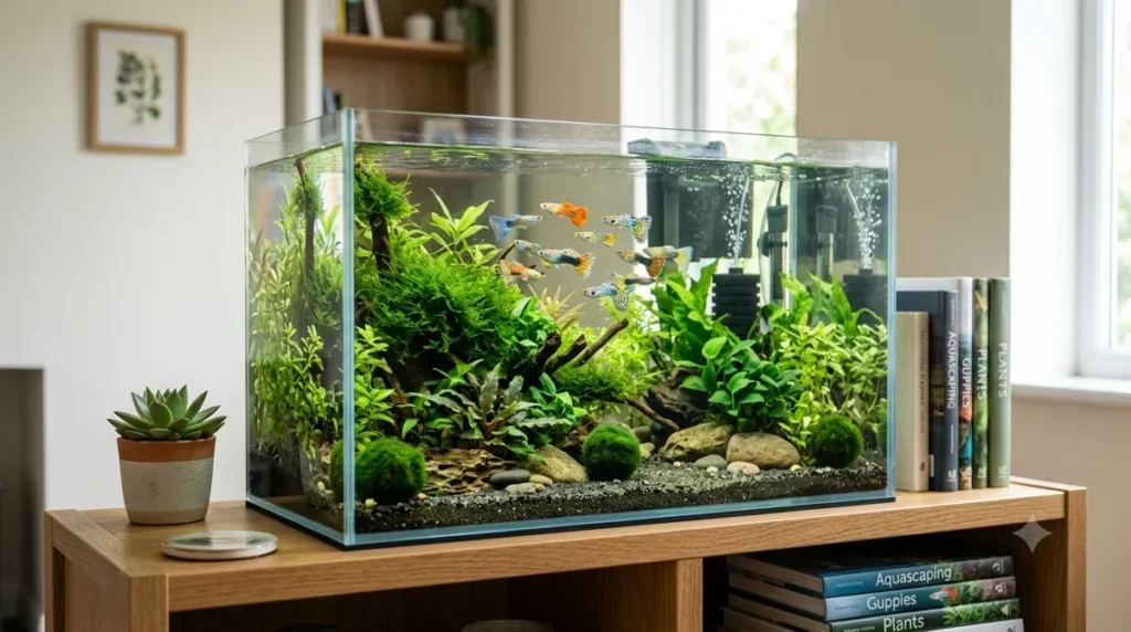 Quantos Guppys por Litro. aquário de 40 litros com cardume de guppys colorido