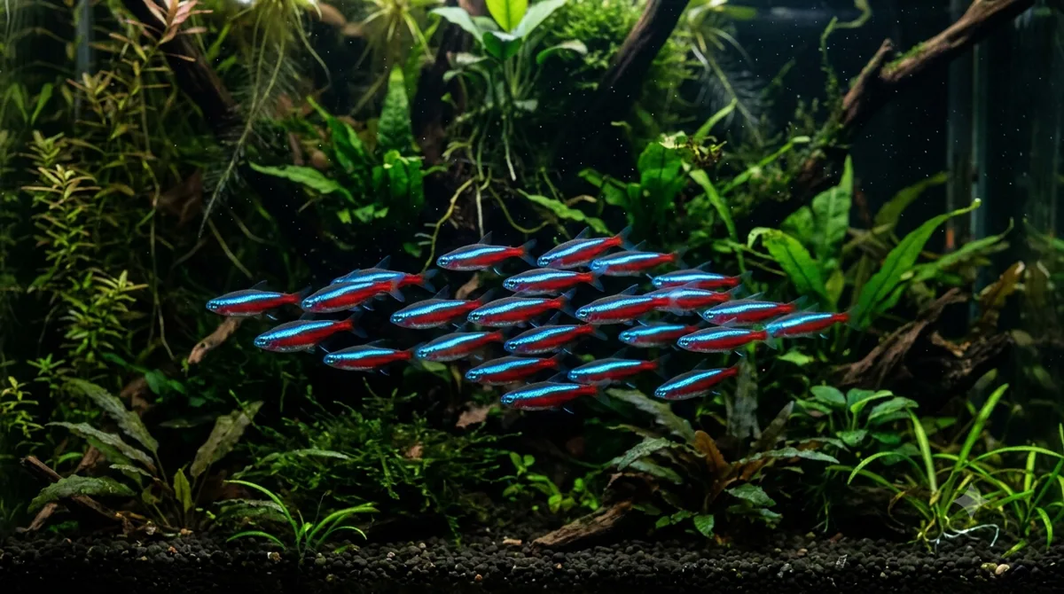 Quantos Tetra Neon Juntos. cardume de tetra neon nadando junto em aquário plantado