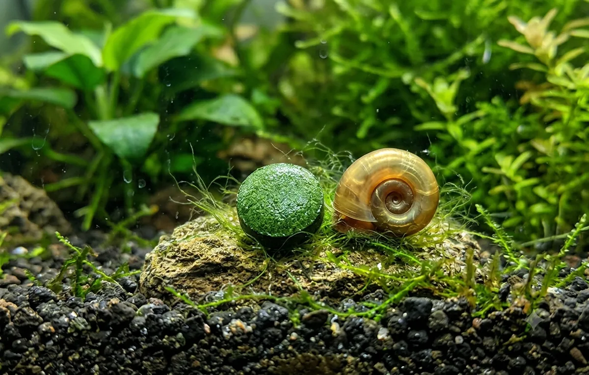 pastilha de ração com cálcio para caramujo de aquário ao lado da concha