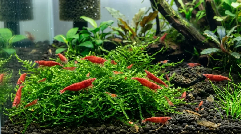 colônia de camarão red cherry no musgo em reprodução no aquário