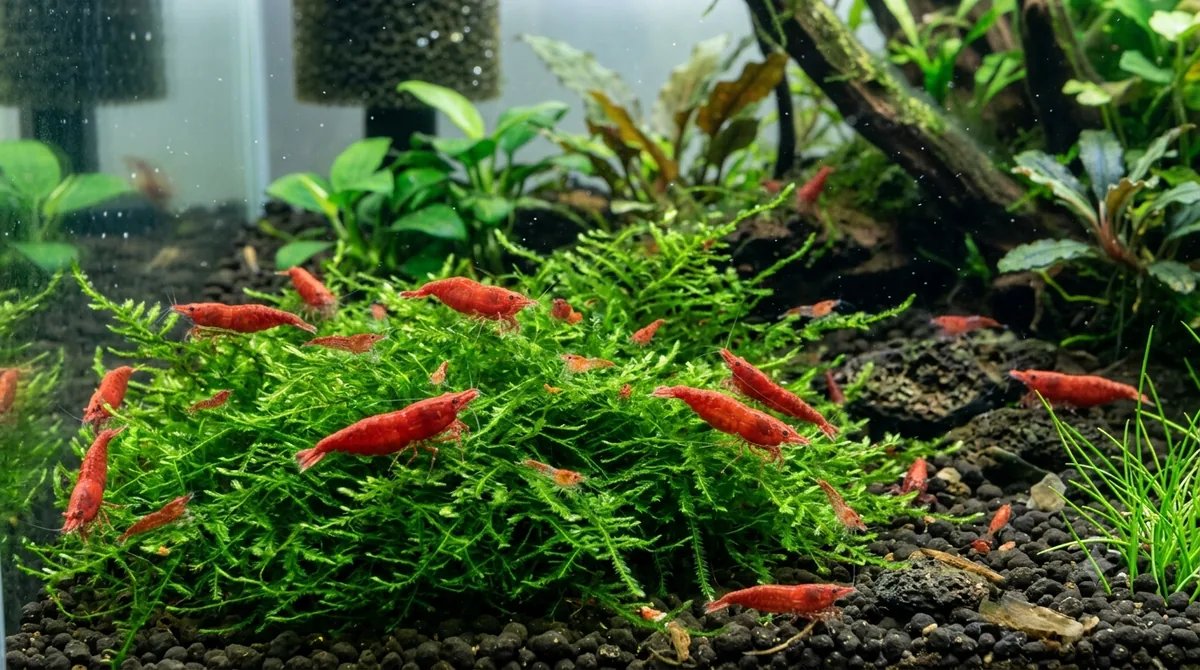 colônia de camarão red cherry no musgo em reprodução no aquário