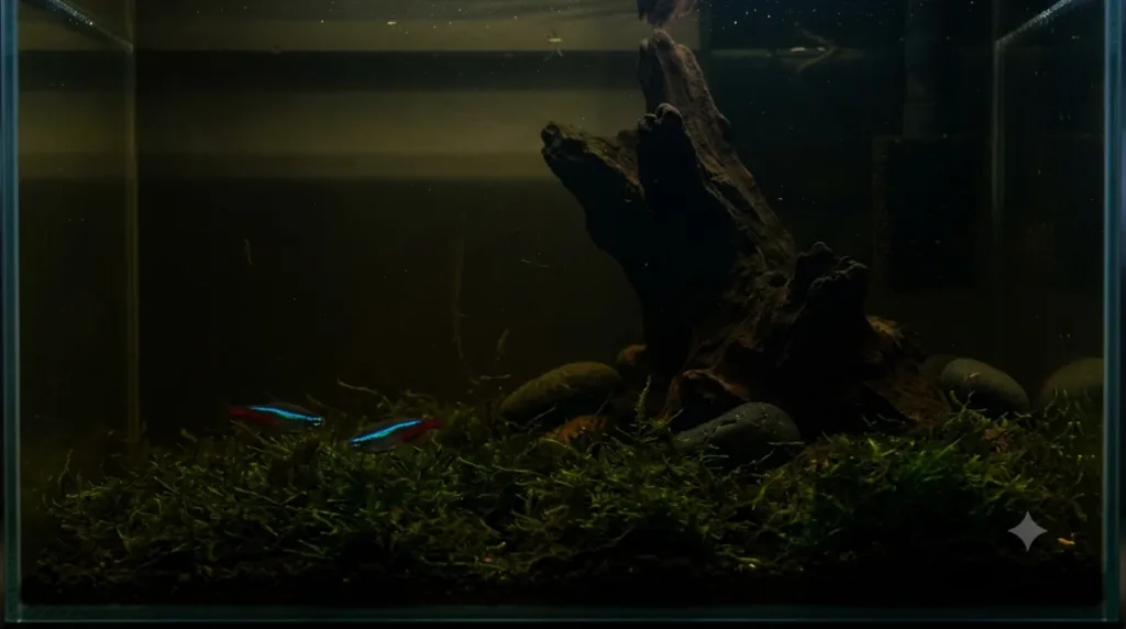 aquário de reprodução escuro com musgo para desova de tetra neon