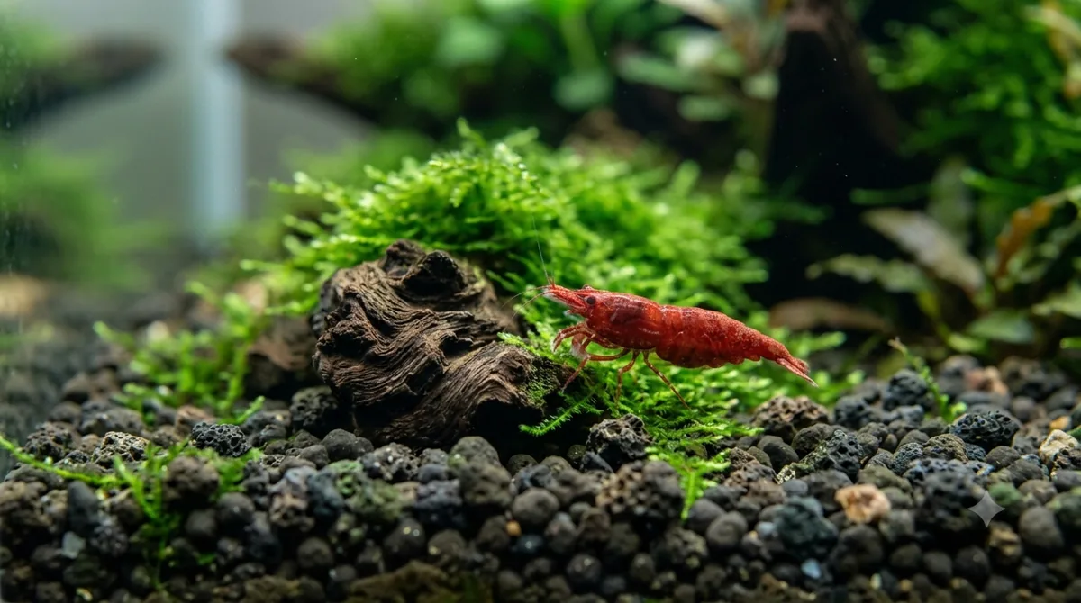 substrato escuro com musgo em aquario para camarao red cherry