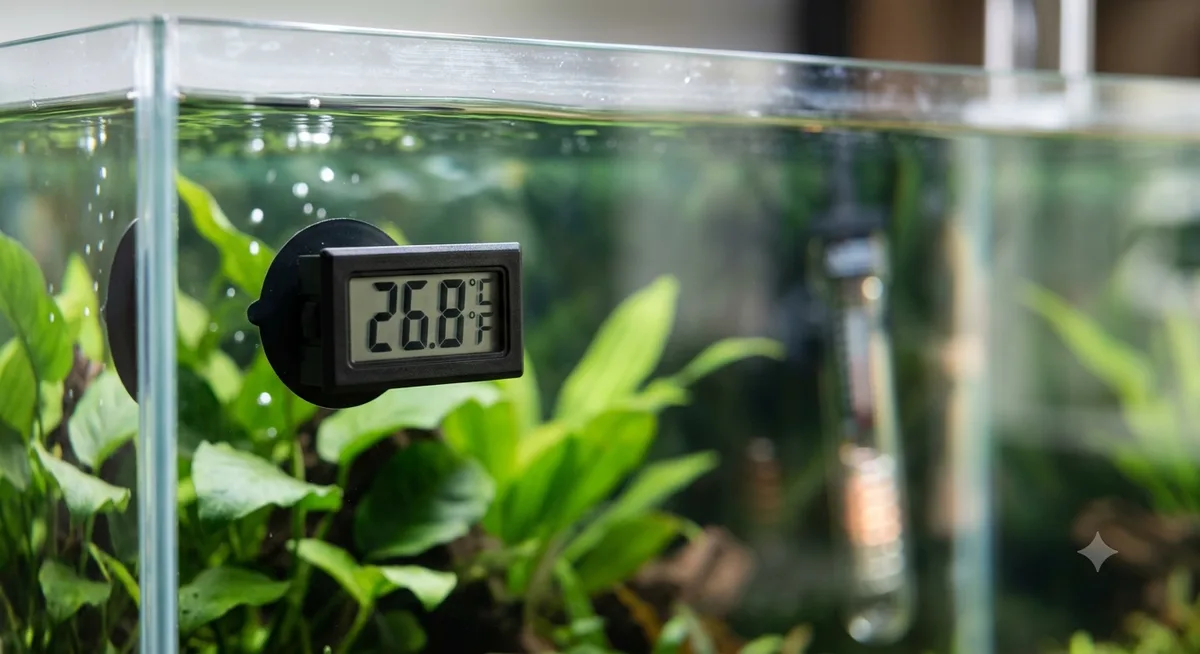 termômetro de aquário mostrando a temperatura da água ao lado do aquecedor