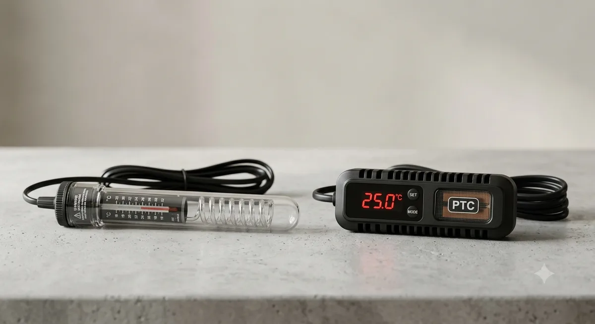 comparação entre tipos de aquecedor de aquário, haste de vidro e PTC