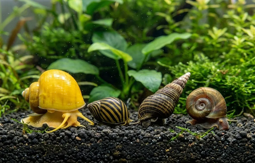 comparação entre diferentes tipos de caramujo de aquário lado a lado