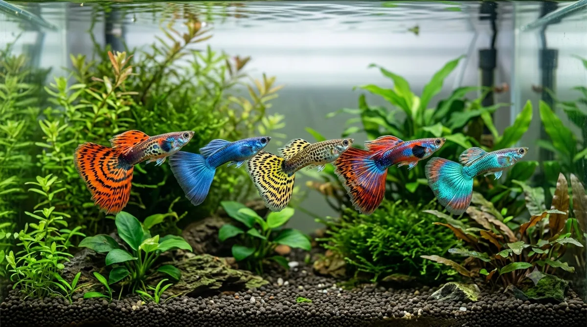 diferentes tipos de guppy com caudas e cores variadas