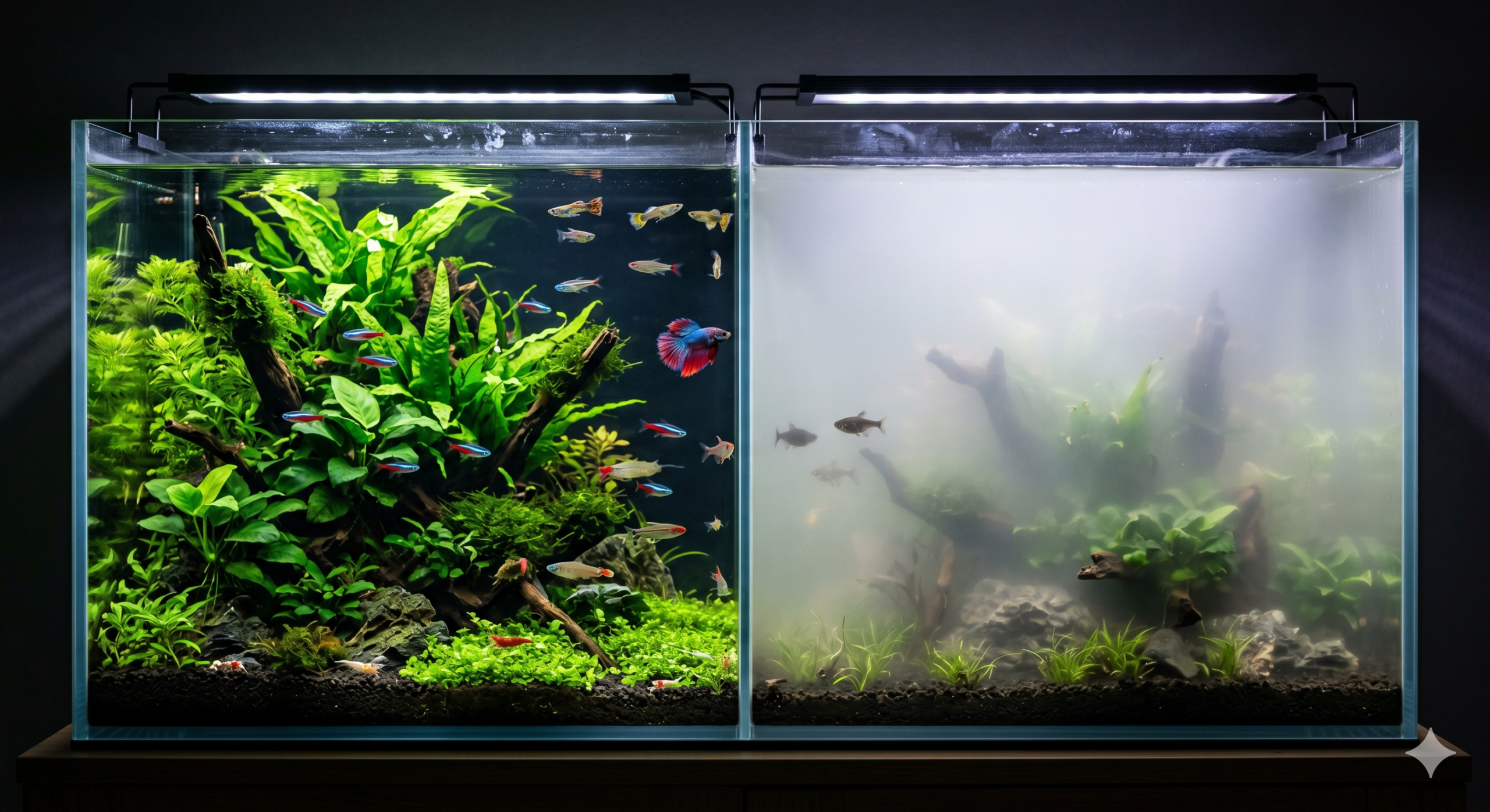 Água do Aquário Turva: Como Resolver. aquário dividido ao meio; o lado esquerdo mostra água cristalina repleta de plantas verdes vivas e peixes tropicais coloridos, enquanto o lado direito mostra o mesmo ambiente sob uma névoa densa e esbranquiçada que torna os peixes quase invisíveis.
