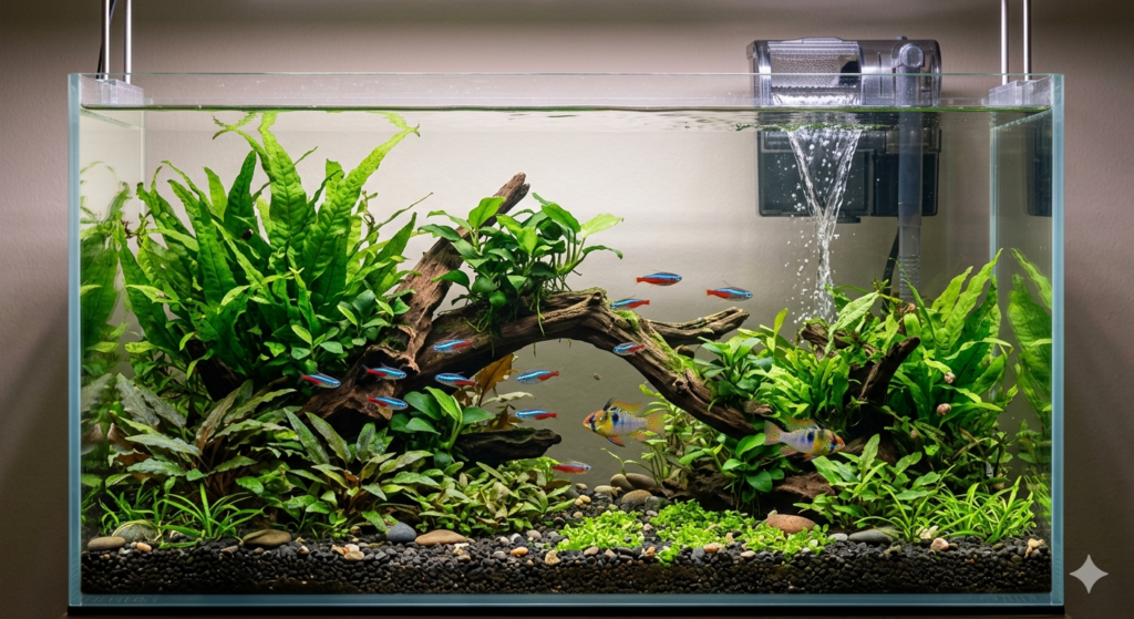 Aquário plantado com troncos, plantas aquáticas verdes e peixes neon nadando em água cristalina com filtro em funcionamento