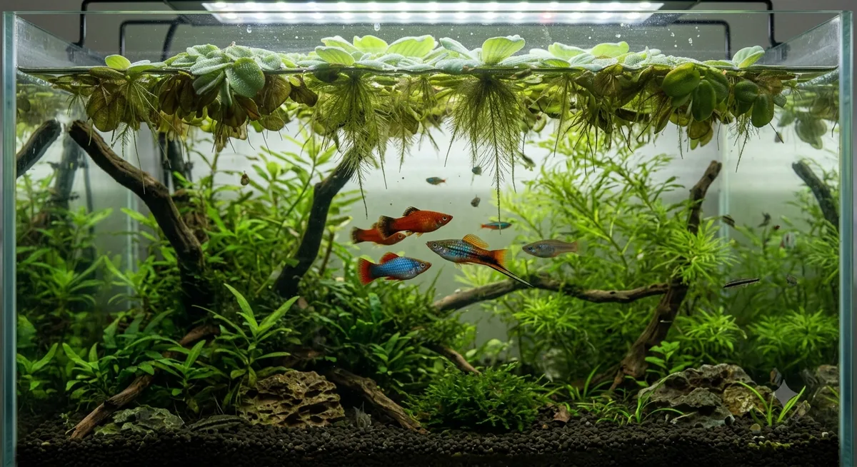 grupo de peixes espada nadando em aquário plantado com troncos e plantas verdes
