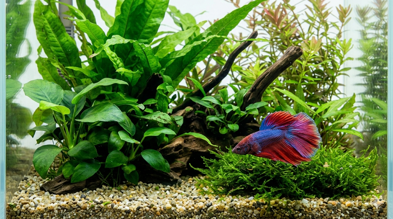 betta azul e vermelho nadando em aquário plantado com fundo verde desfocado