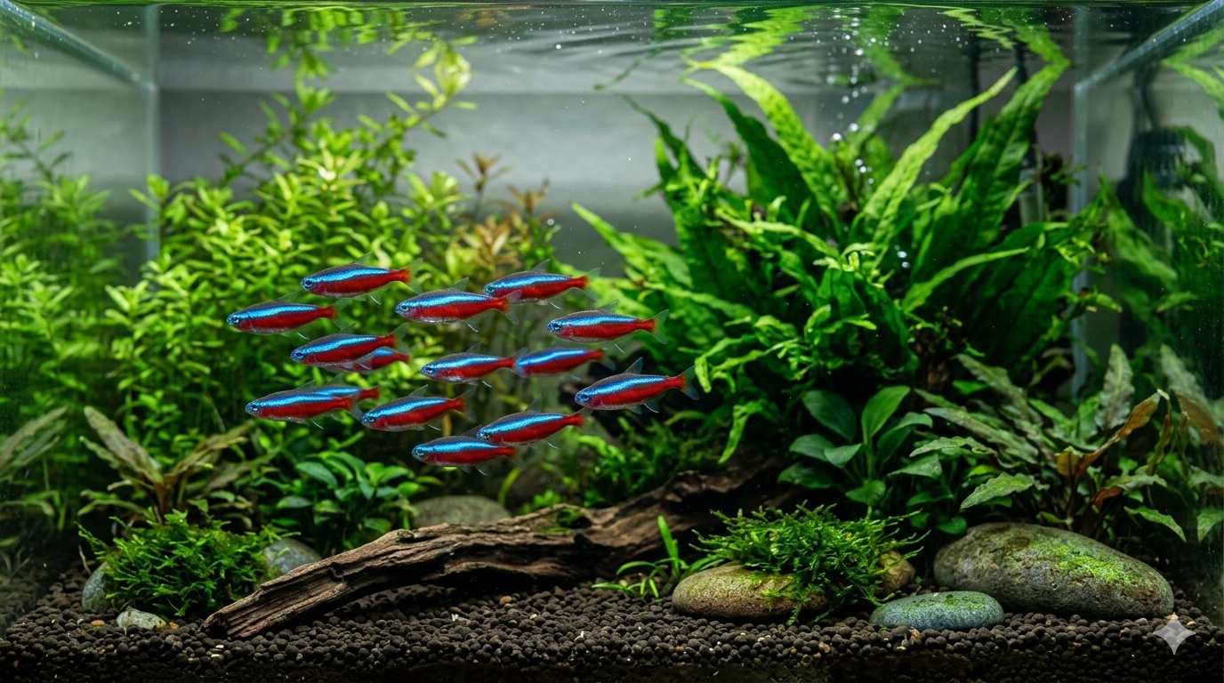Cardume de Tetras-Neon em Aquário Plantado