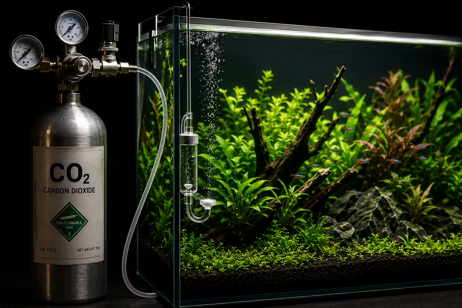 Cilindro de CO2 pressurizado com regulador e difusor conectado a aquário plantado exuberante, com pequenas bolhas de CO2 subindo na água sob iluminação dramática