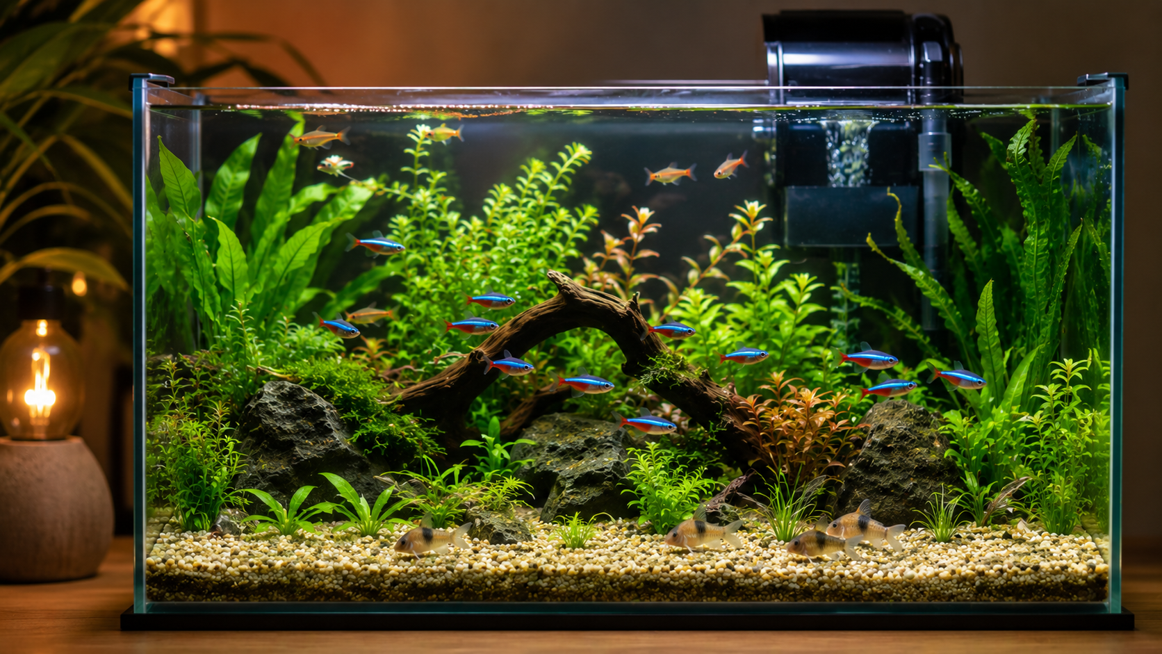 como montar um aquário para iniciantes. Aquário limpo e bem montado com peixes tropicais coloridos, plantas aquáticas e substrato de cascalho