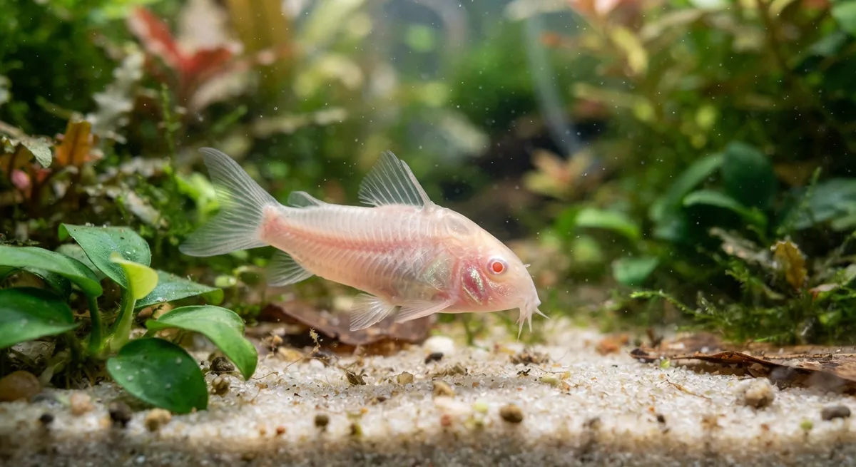 Coridora albina de perto mostrando corpo translúcido e olhos vermelhos sobre substrato de areia