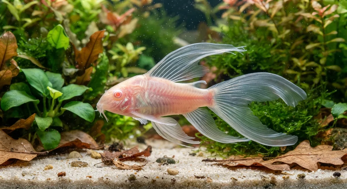 Coridora albina véu com nadadeiras longas nadando em aquário plantado