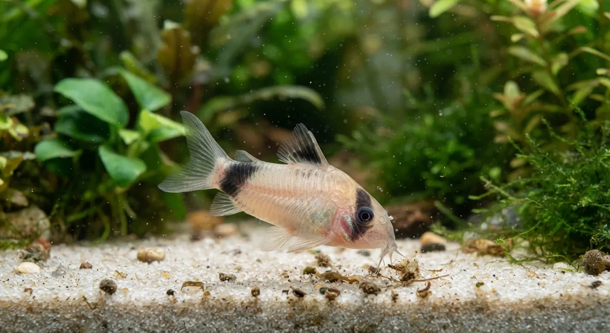 Corydoras panda nadando em aquário plantado