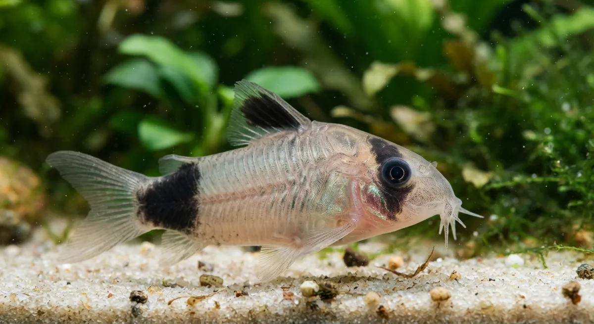 Corydoras panda close-up mostrando as manchas escuras ao redor dos olhos e na nadadeira caudal