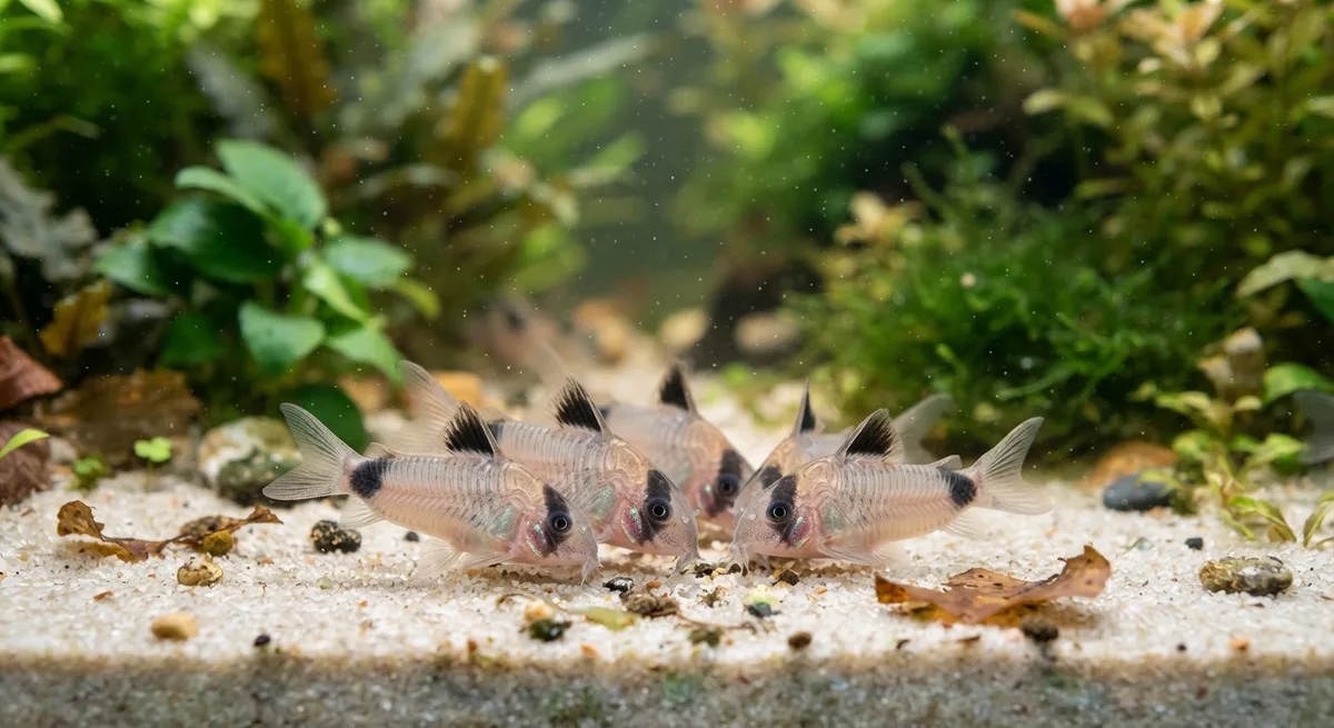 Grupo de Corydoras panda vasculhando substrato de areia num aquário plantado