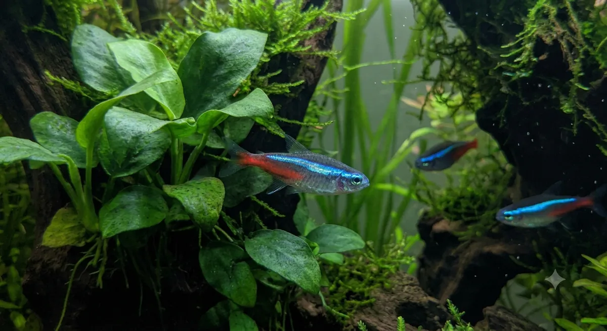 Peixe tetra neon em aquário simples de observação