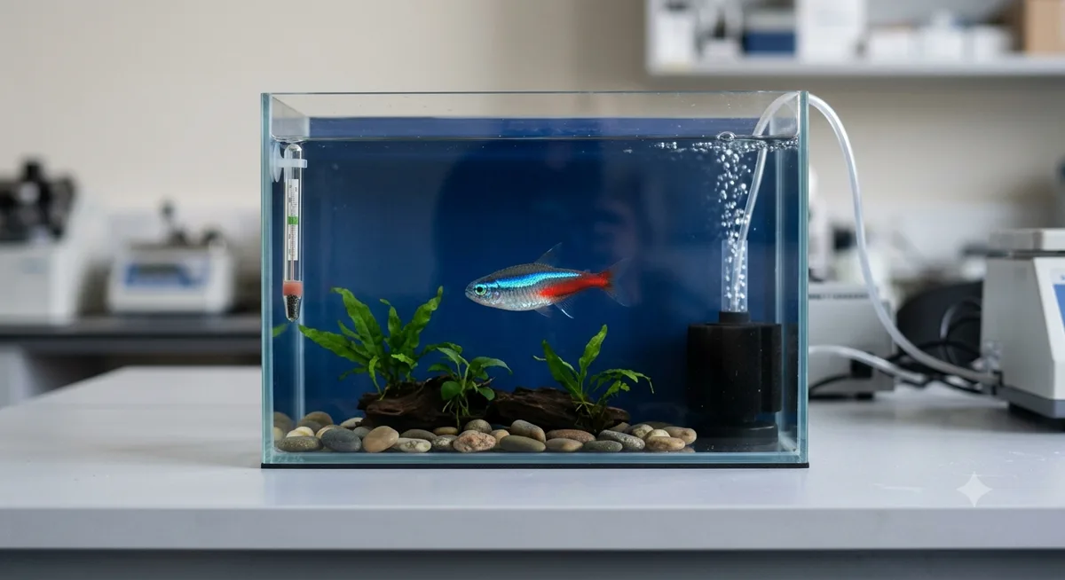 Aquário de quarentena simples com um único tetra neon isolado