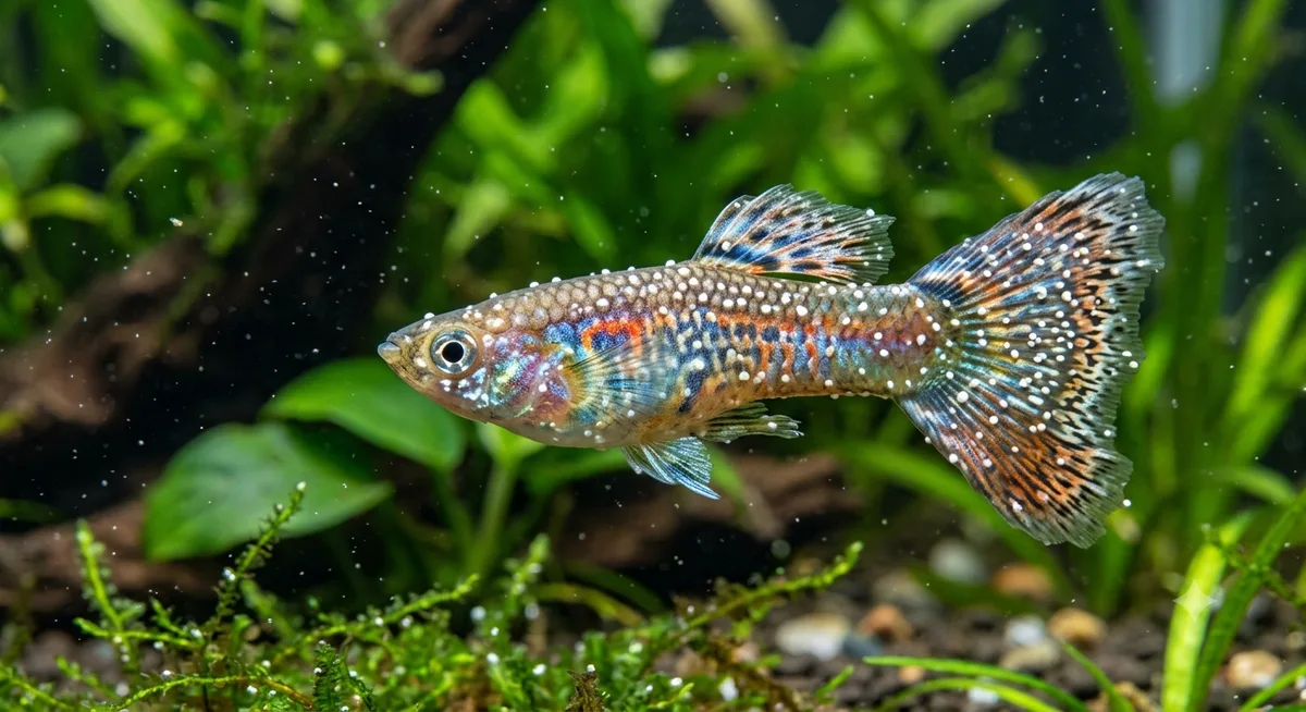 Peixe guppy com pontinhos brancos espalhados pelo corpo, sintoma de íctio