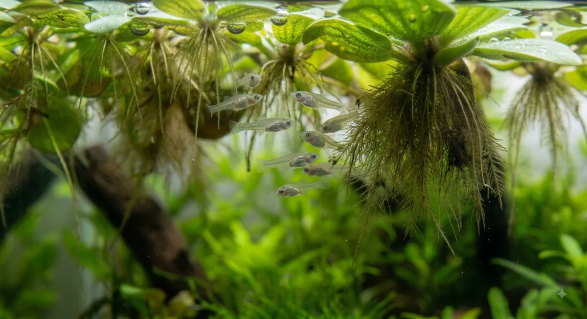 filhotes de molinésia recém-nascidos nadando entre plantas flutuantes