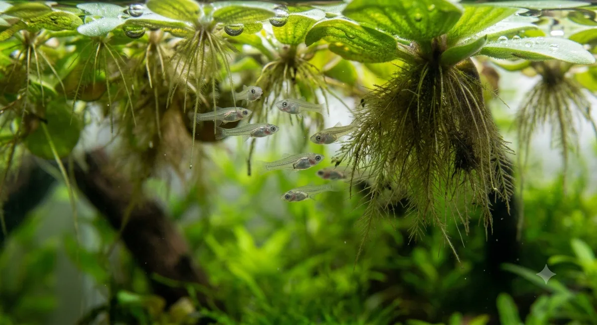 grupo de filhotes recém-nascidos de molinésia nadando em aquário plantado com plantas flutuantes