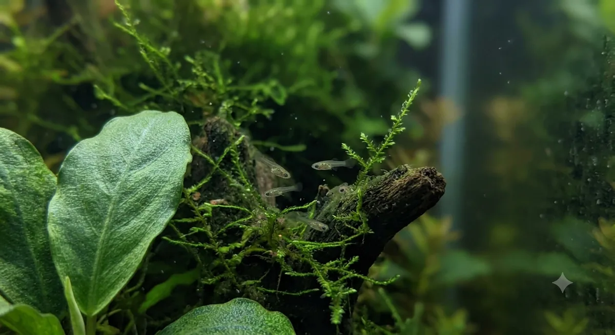 Filhotes minúsculos de guppy nadando entre folhas de planta aquática