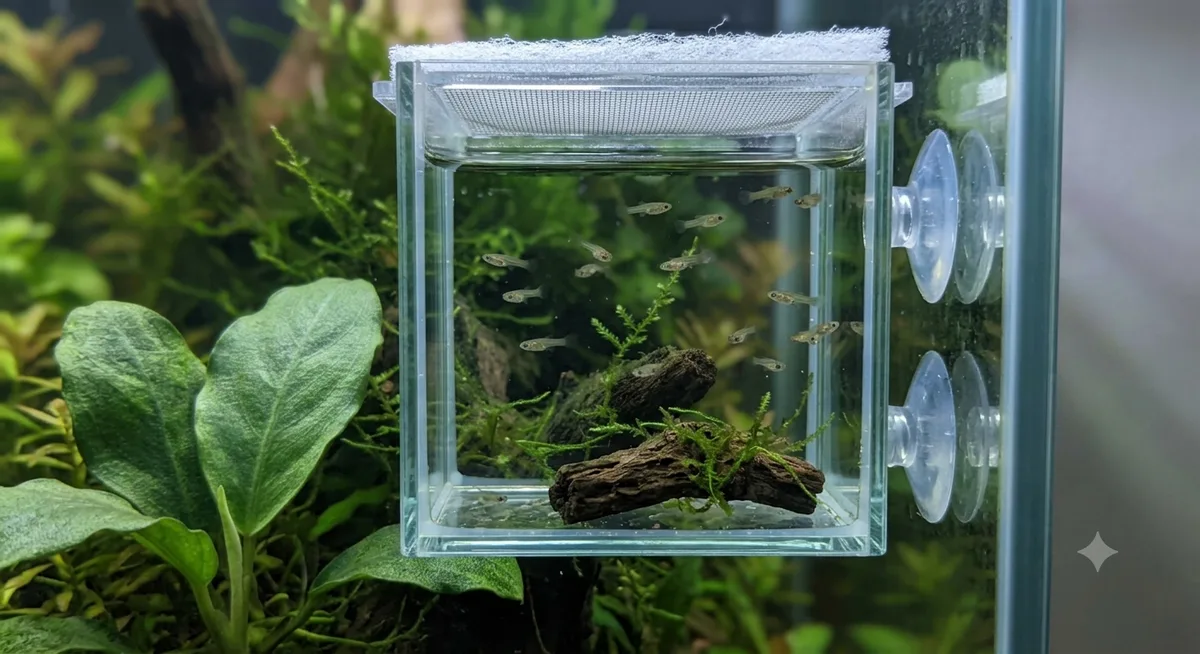 Aquário berçário pequeno com filhotes de guppy protegidos