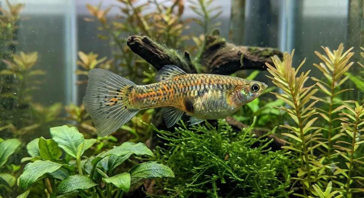 Fêmea de guppy grávida com barriga arredondada e mancha escura perto da cauda