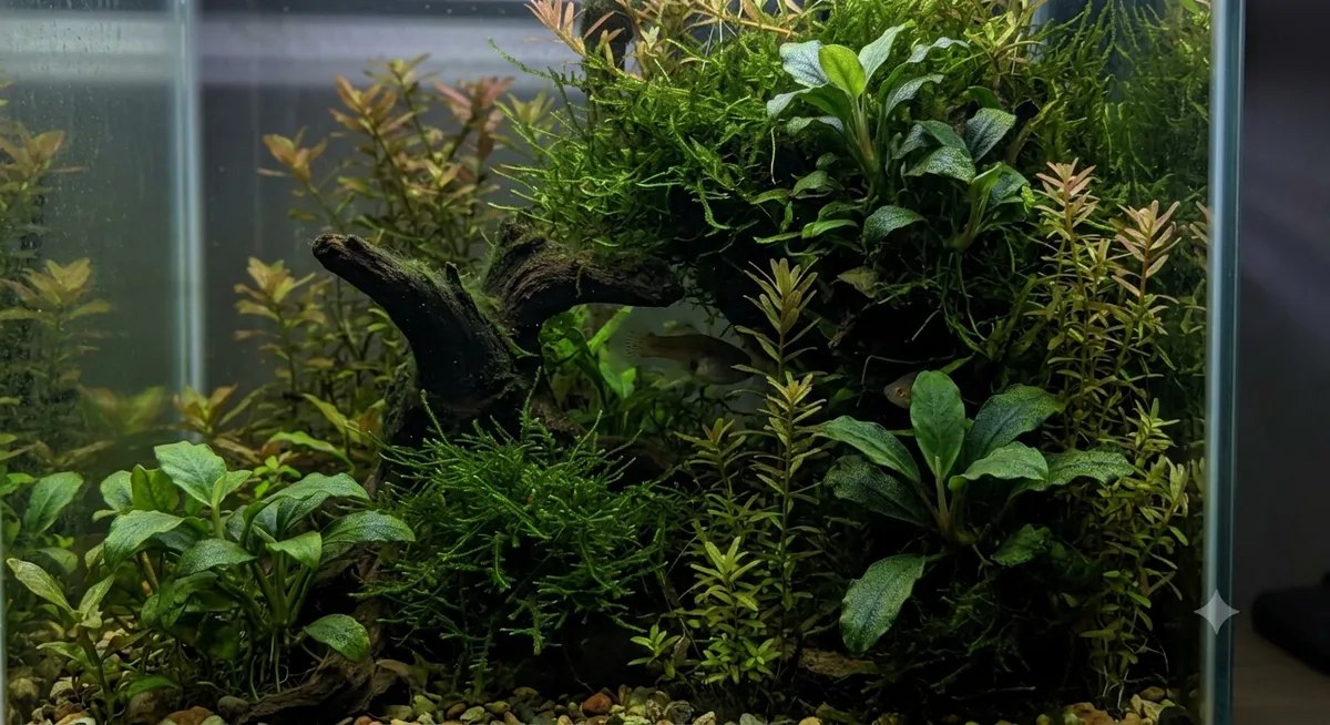 Aquário com moita densa de plantas oferecendo esconderijo para o parto