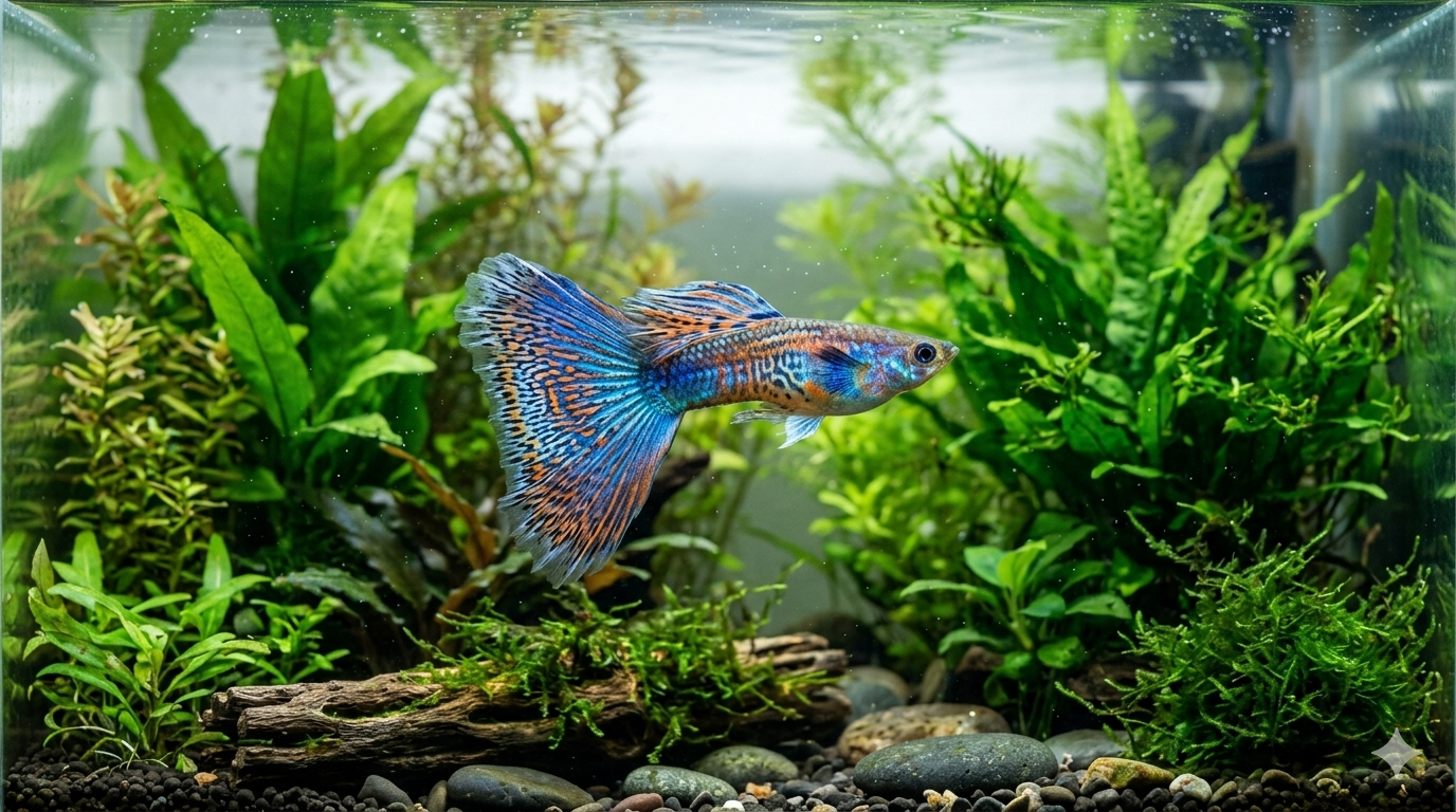 guppy macho azul e laranja com cauda delta nadando em aquário plantado com plantas verdes ao fundo