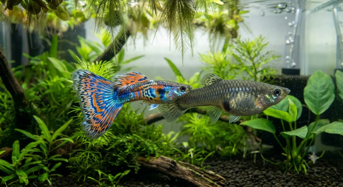 guppy macho colorido nadando ao lado de fêmea de corpo cinza maior no mesmo aquário