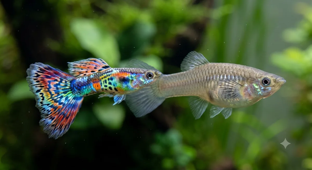 Guppy macho colorido e guppy fêmea maior lado a lado
